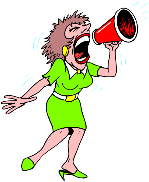 The cartoon shows a woman wearing green dress with yellow belt holding red megaphone to her mouth while running on black background.
