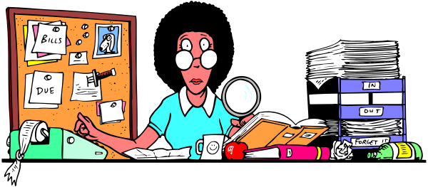 The image shows a cartoon of an office scene with two characters: on the left is a woman standing at her desk pointing to something off-camera; she has glasses perched upon her head, dark hair pulled back into what appears to be a bun or ponytail and wears light blue clothing. On the right side stands another character who seems surprised by whatever it was that caught their attention—this person is wearing white attire with black accents on top of them; they have short brown hair and are holding an object in both hands, which could be a book or file folder