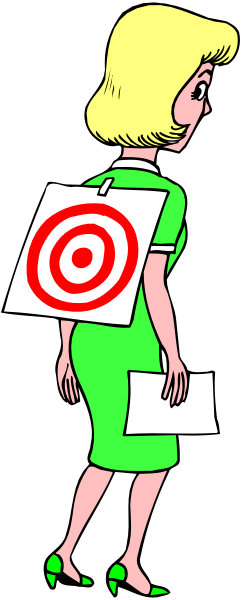 The illustration shows a woman wearing green dress with high heels standing against black background; she is holding papers on her chest that have red bullseye targets drawn over them.