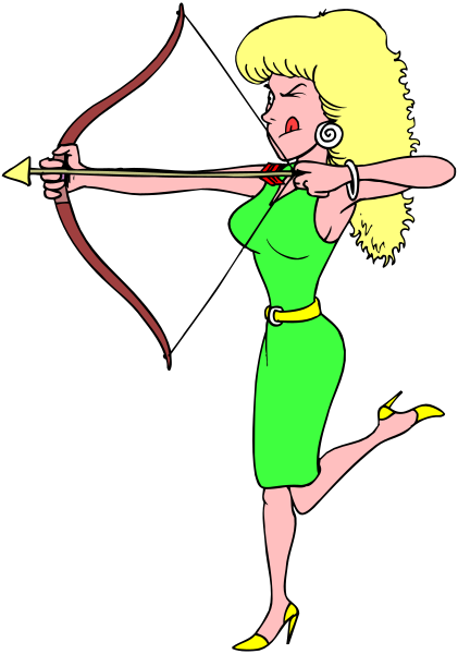 The illustration shows a woman dressed as Wonder Woman holding an arrow with her right hand while standing on what appears to be a black background; she is wearing green shorts, yellow belt, red boots, white gloves, and has blonde hair styled in bangs.