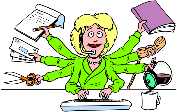 The cartoon depicts a woman with blonde hair sitting at her desk working on a computer while being overwhelmed by various tasks represented as an octopus-like creature holding multiple items such as books, papers, scissors and other office supplies in its tentacles around her neck.