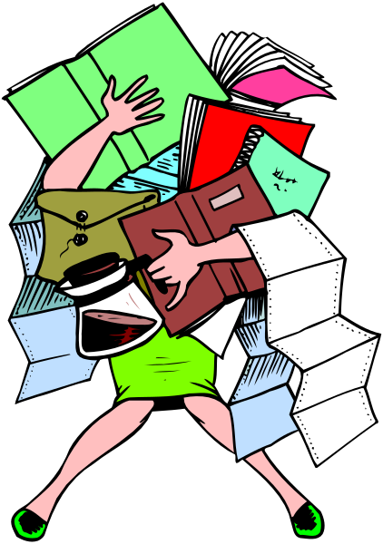 The illustration shows a person with their arms outstretched holding an assortment of books stacked on top of each other in front of them; behind this pile is another smaller stack of papers being held by someone who appears to be wearing glasses and has short hair, also surrounded by more stacks.