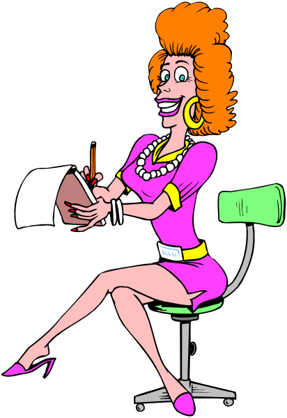The cartoon depicts a woman sitting at an office desk with her legs crossed over each other while holding a pen; she is wearing large hoop earrings and has red hair styled in curls.