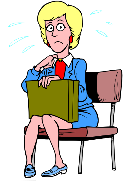 The cartoon depicts a woman sitting on an office chair with her hands clasped together over her lap while looking down at something in front of her; she is wearing glasses and has short hair.