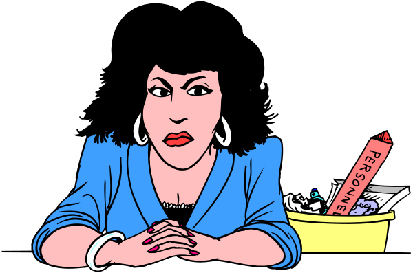 The cartoon shows a woman sitting at a desk with her arms crossed over it; she is wearing earrings and has dark hair pulled back into an updo. In front of her on the tabletop there's what appears to be a book, possibly a cookbook or recipe collection given its size relative to other items in the image. To the right side of this desk setup stands another figure that seems like it could represent someone else sitting at their own separate workspace; however, only half of them is visible and they are not interacting with each other directly. The background suggests an indoor setting