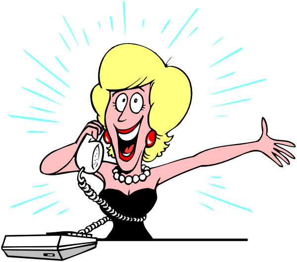 The cartoon shows a woman with blonde hair holding up her hand as if she's waving while talking on an old-fashioned telephone in front of sparkling stars that suggest excitement or celebration, and there is text at bottom left corner which appears to be part of the image but not legible.