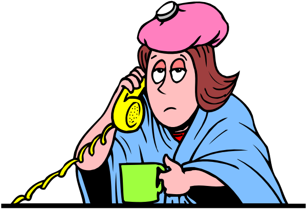The cartoon shows a woman sitting at her desk with two phones on it; she is holding up an old-fashioned rotary phone to one ear while talking into another handheld device that appears modern, possibly a smartphone. She has pink hair and wears glasses over eyes closed in concentration or exhaustion. The background suggests the setting of nighttime as there are dark tones with hints of blue light from screens around her workspace.