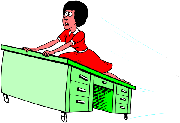 The cartoon shows a woman with red hair leaning on her hands over an open drawer of a green filing cabinet while wearing glasses; she is in mid-motion as if running across it at nighttime.