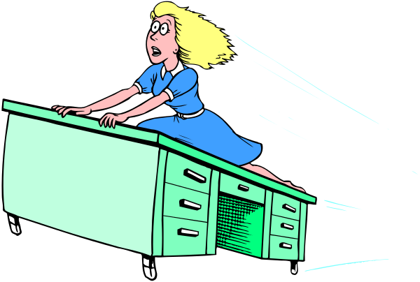 The cartoon shows a woman with blonde hair wearing blue clothing riding on top of an open drawer unit that is moving quickly through what appears to be darkness; she has her arms outstretched for balance as if in motion, and there's no visible background detailing setting or environment beyond the dark space.