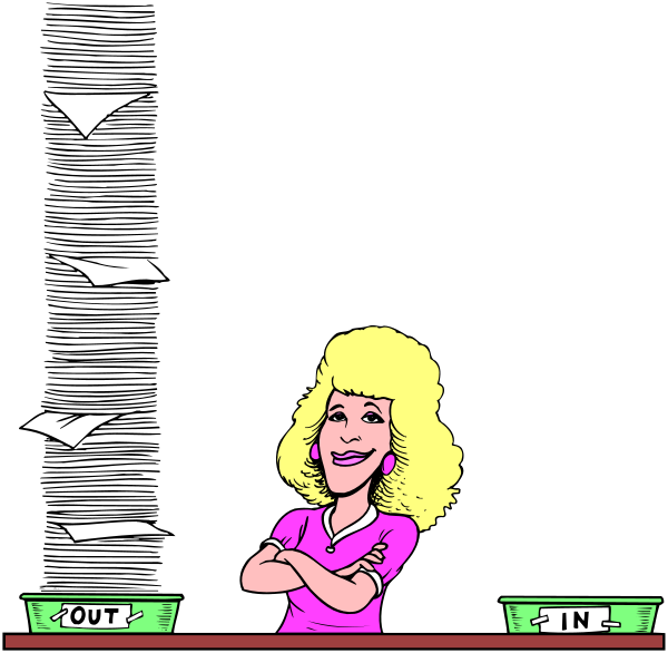 The cartoon shows a woman standing behind a counter with papers scattered around her feet; she is wearing pink clothing and has blonde hair styled in curls.