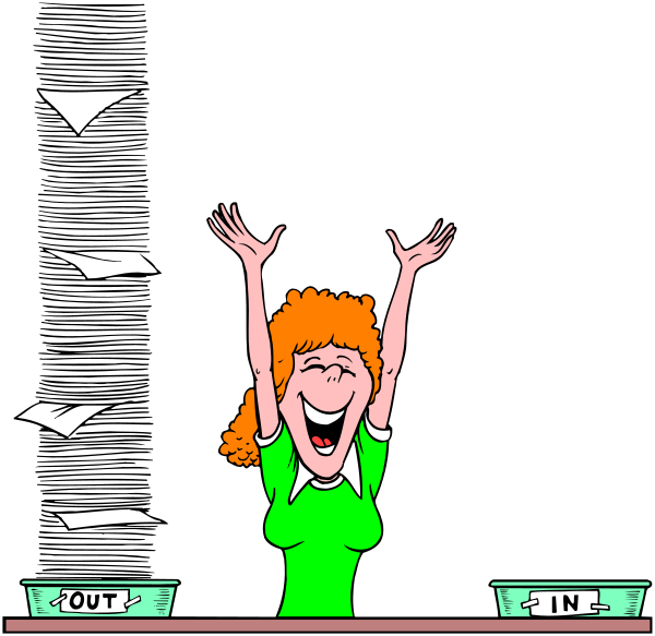 The cartoon shows a woman with red hair standing behind two cash registers on either side of her; she is wearing green clothing and has one hand raised in excitement while holding papers that say "OUT" over each register, suggesting it's time to close for business or change shifts at the store where they work.