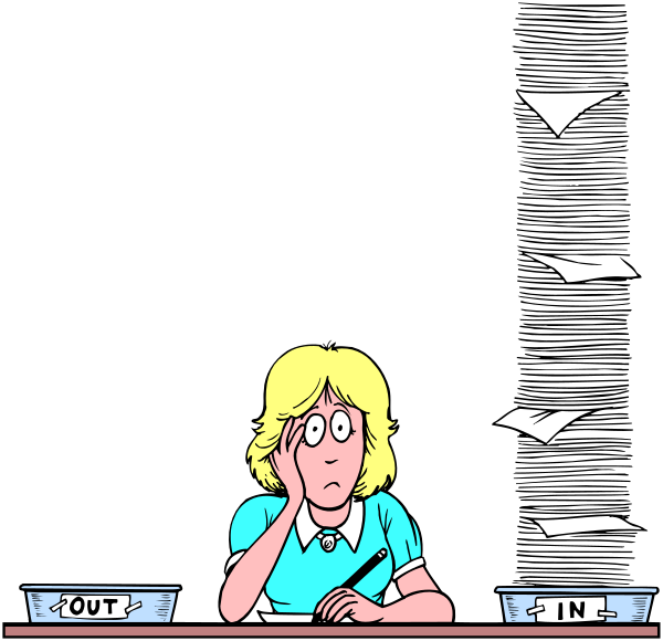 The cartoon shows a woman sitting at her desk with papers flying around; she is looking downward while holding pens over two open books on top of each other in front of her.