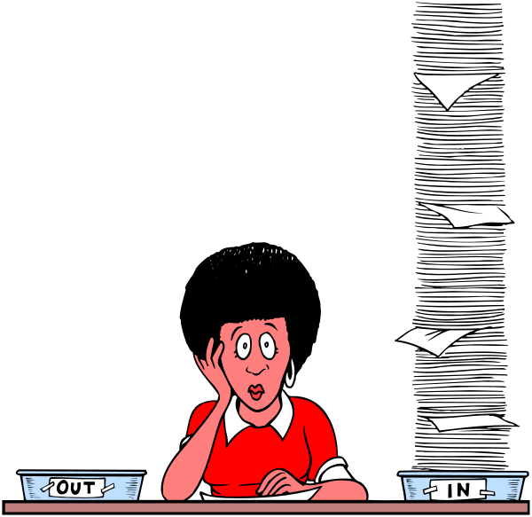 The cartoon depicts a woman sitting at her desk with papers flying around her head due to wind from an open window behind her; she is looking downward while holding what appears to be a pen in one hand and paperwork on top of it, suggesting that she might have been interrupted or distracted.