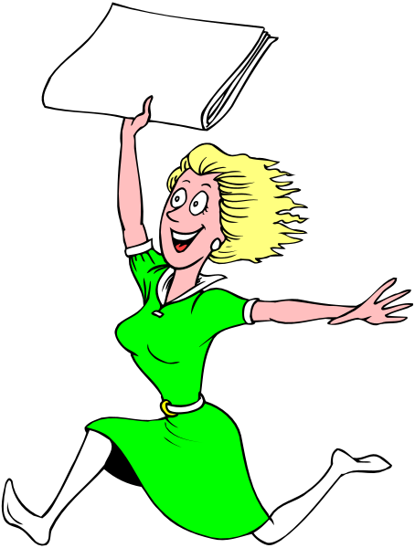 The cartoon depicts a woman dressed as nurse Ratched from One Flew Over the Cuckoo's Nest holding an open book with her right hand while running to the left in mid-air, wearing white shoes and stockings.