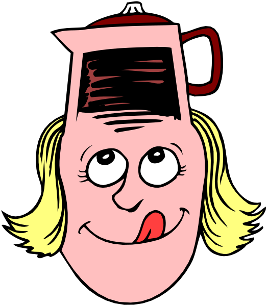 The cartoon shows a woman's face with blonde hair peeking out from behind an ice cream cone hat that has eyes drawn on it to resemble human features; she is wearing glasses over her nose, and there appears to be some sort of object or character in front of the headpiece.
