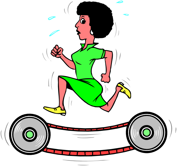The cartoon shows a woman running on an escalator with her arms outstretched as if she's falling forward; there is no visible text in this image.