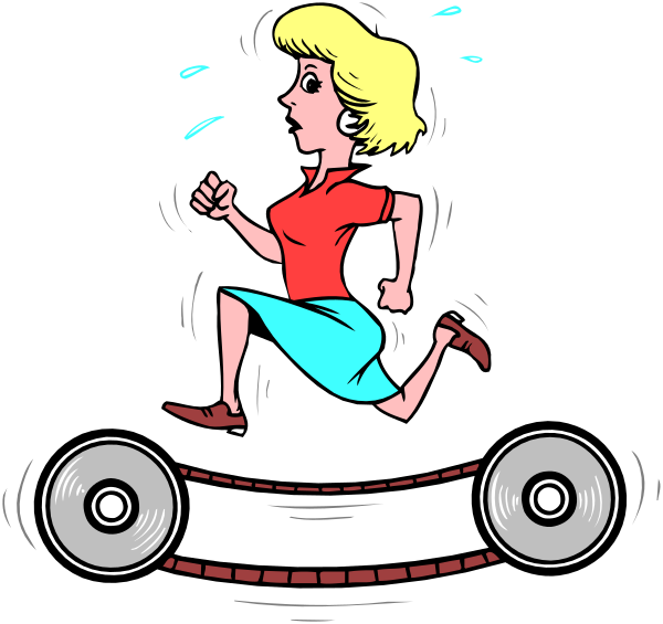 The cartoon depicts a woman running with her arms outstretched on either side of her body; she is wearing red shoes that appear to be in motion due to their blurred lines around them.