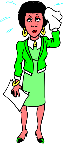 The cartoon shows a woman dressed professionally with green blazer holding papers to her chest while looking downward; she has an exaggeratedly distressed facial expression as if overwhelmed by workload.