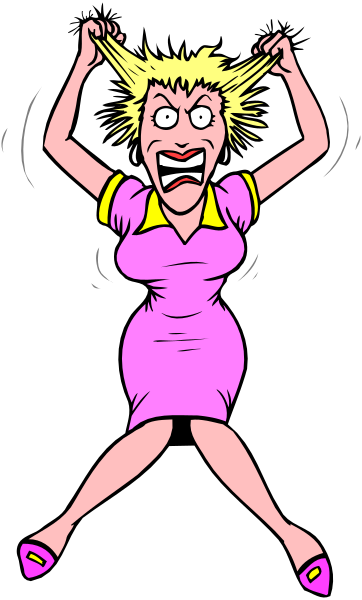 The cartoon shows a woman with blonde hair wearing an orange dress who is jumping up while holding her head; she appears to be in mid-air above what looks like a black background.
