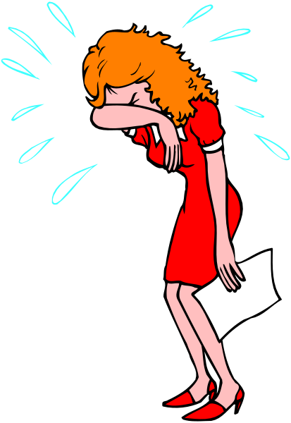 The cartoon shows a woman with red hair wearing an orange dress who appears to be crying while standing on what looks like a stage in front of microphones.