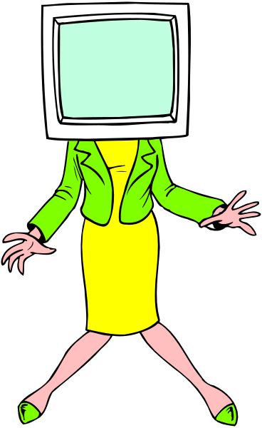 The cartoon shows a woman wearing a green jacket standing next to an animated television with a human face on it; she is pointing at something off-frame while looking surprised.