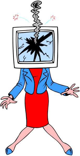The cartoon shows a woman with her head replaced by an old television set that is turned on; she appears to be in motion as if running away from something.