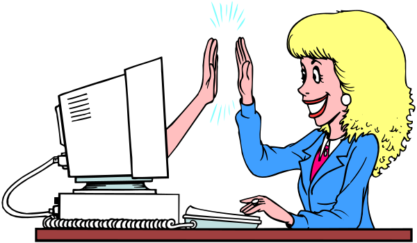 The illustration shows a woman sitting at her desk with two hands raised as if she is giving someone high fives while working on a computer; there's also an animated hand reaching out from above to give another high five, creating a sense of interaction between different levels or dimensions in the image.