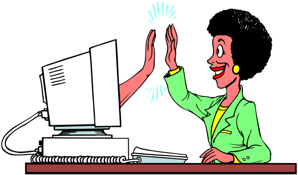 The illustration shows a cartoon of two hands giving each other a high five over an office desk with a computer monitor displaying text that reads "Welcome to our website."