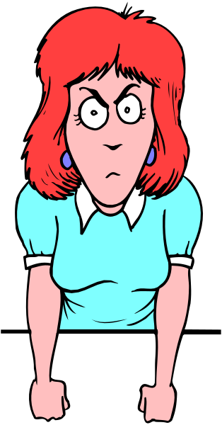 The cartoon shows a woman with red hair wearing glasses standing against a black background; she is dressed in blue clothing including a shirt and pants.