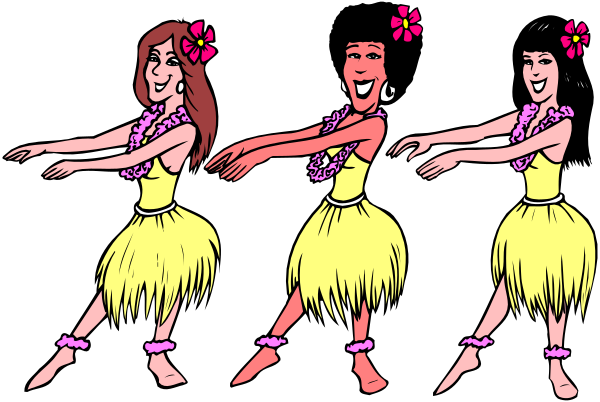 The image shows four animated hula dancers performing a dance move with their arms extended outward; each has long hair tied up in ponytails adorned with flowers on top of her head.