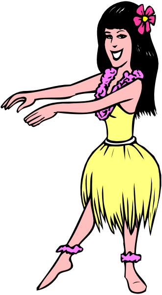 The image shows a cartoon of an animated hula dancer with long hair wearing yellow attire performing on stage.