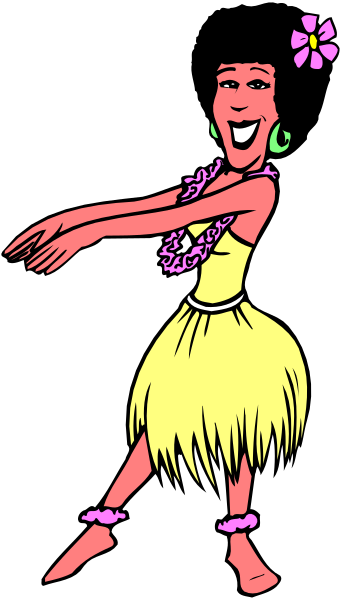 The image shows a cartoon of an animated hula girl dancing with her arms outstretched; she is wearing traditional Hawaiian attire including grass skirt and lei necklace.