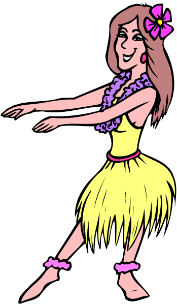 The image shows a cartoon of an animated hula girl with long hair wearing yellow attire dancing on stage while holding her arms out to either side in front of a black background.