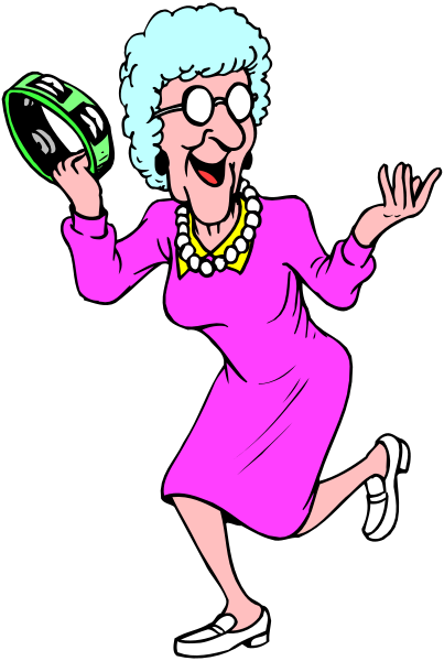The cartoon depicts an elderly woman with glasses holding a football while dancing on her toes; she is wearing purple clothing and has white hair.