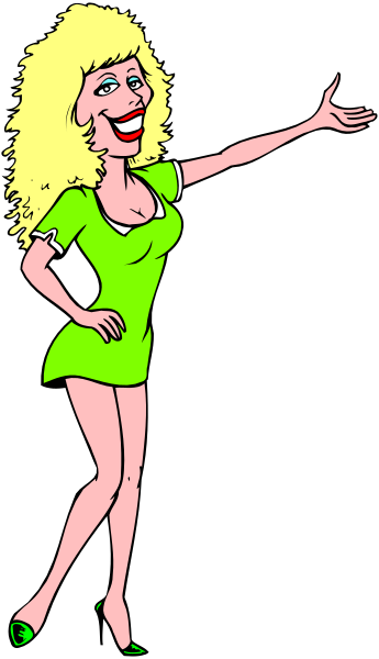 The cartoon shows a woman with blonde hair wearing green clothing standing on stage waving to an audience while holding her hand out in front of herself.
