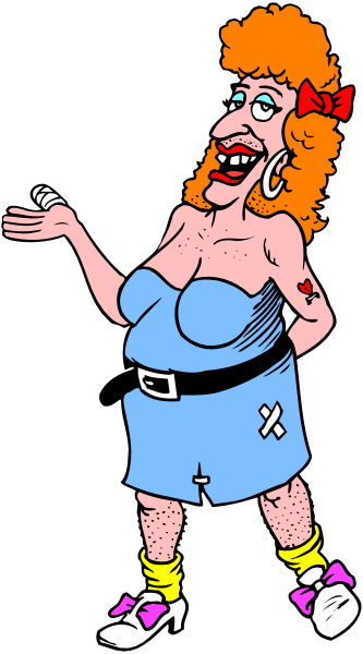 The cartoon depicts a woman with red hair wearing sunglasses on her head, holding up two fingers as if she's hitchhiking. She is dressed in blue clothing that includes shorts and has yellow shoes.
