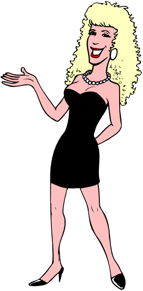 The image shows a cartoon of an animated woman dressed as Marilyn Monroe standing against a black background with her hand on hip; she is wearing high heels and has blonde hair styled in waves.