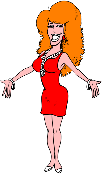 The image shows a cartoon of an animated woman dressed as Marilyn Monroe with blonde hair styled into curls on top of her head; she is wearing red lipstick, false eyelashes, and makeup that accentuates her eyes. She has large breasts in the dress which are exaggeratedly proportioned to her body size compared to a typical human female's proportions. The woman wears an orange-red sleeveless dress with white straps over each shoulder; she is also wearing high heels, and there appears to be some sort of necklace or ch