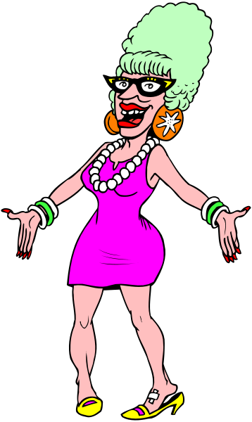 The cartoon shows a woman with blonde hair wearing glasses standing on her tiptoes while holding out both hands as if she's dancing; behind her is an image of another character who appears to be male, also in colorful attire and posing confidently against a black background.