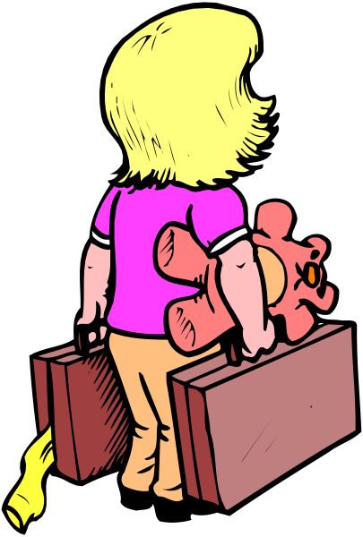 The illustration shows a cartoon of an adult female with blonde hair holding two teddy bears; she is wearing glasses on her head and carrying luggage in each hand while standing next to what appears to be suitcases, suggesting travel preparation or transit.