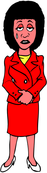 The image shows a woman standing behind bars with her arms crossed; she has blonde hair and is wearing red clothing.