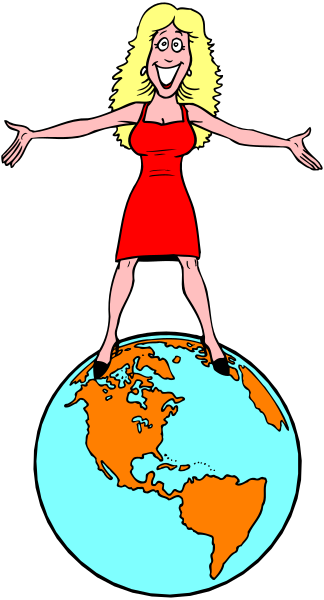The image shows a cartoon of an animated woman standing on top of a globe with her arms outstretched as if she is embracing it; there's no text present in this clip-art illustration, and all elements within the frame contribute to conveying its theme or message without any additional context.