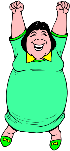 The cartoon shows a large woman with green hair wearing yellow shoes jumping up to celebrate; she is holding her arms above her head in triumph while standing on top of what appears to be an open book cover that has been cut out and placed over another image, creating a layered effect where the background features two other images.