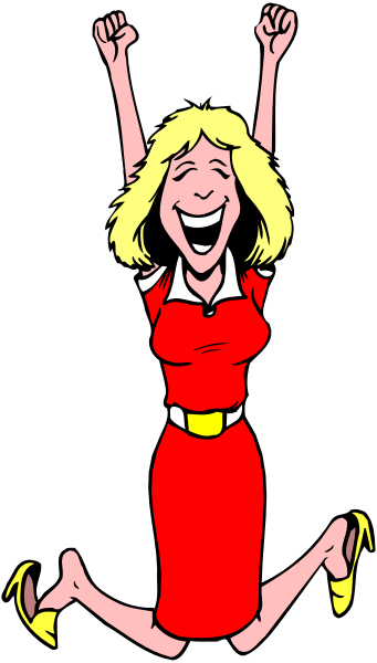 The cartoon shows a woman with blonde hair wearing red clothing who appears to be jumping up joyfully while holding her arms in the air; she is smiling broadly as if celebrating something.
