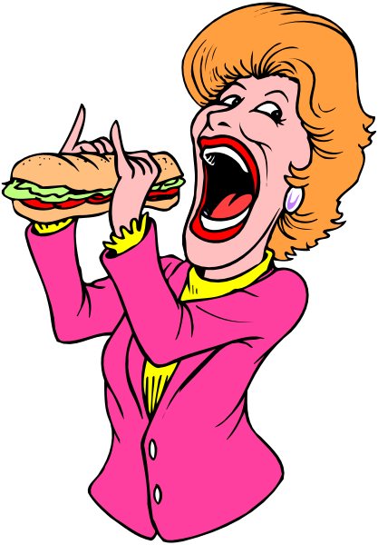 The cartoon depicts a woman with blonde hair wearing pink clothing holding an open sandwich to her mouth while standing against a black background.
