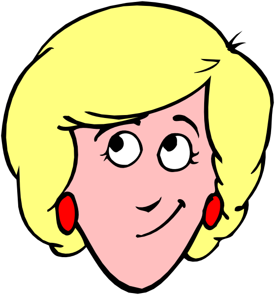 The cartoon features a woman with blonde hair wearing red earrings; she has blue eyes looking to her right side of image.