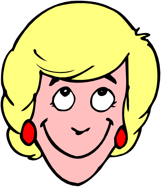 The image shows a cartoon of an animated woman with blonde hair wearing red earrings; she has her eyes wide open in surprise or shock expression.