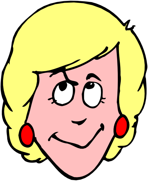 The image shows a cartoon of an older woman with blonde hair wearing glasses, smiling at something off-camera to her right side in front of what appears to be a black background.