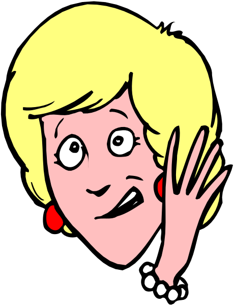 The cartoon features a woman with blonde hair wearing red earrings; she is holding her hand to her face as if in surprise or shock while looking out of an open window on what appears to be a dark background, possibly nighttime given by the darkness outside and inside the room where this image was taken.