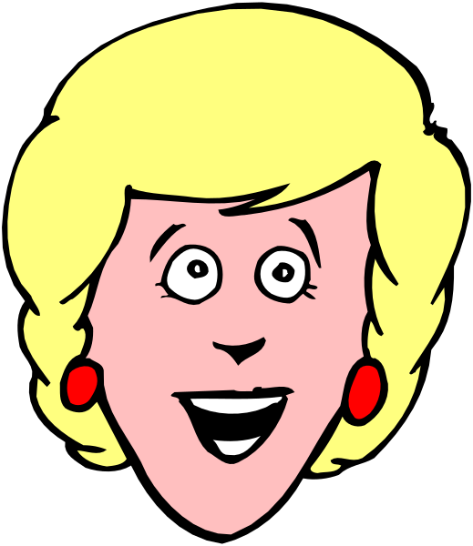 The image shows a cartoon of an animated female character with blonde hair wearing red earrings, smiling broadly at something off-camera to her right side in front view perspective against black background.